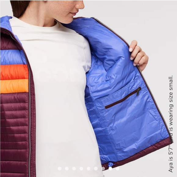 Cotopaxi Women's 1X Fuego Hooded Down Jacket Wine Stripes Maroon Blue NWT - Picture 13 of 15